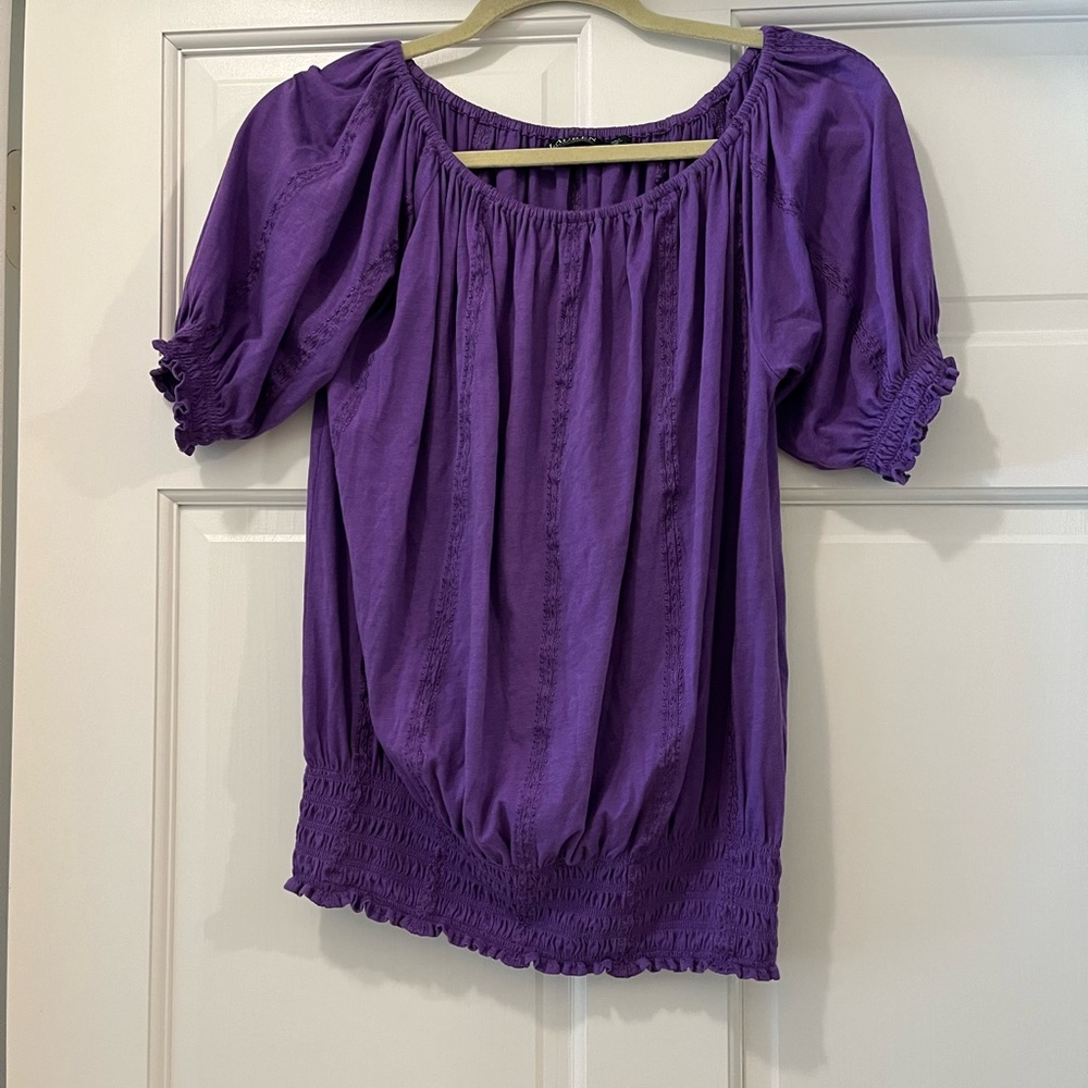 Lauren RL smocked knit women's blouse, size S, purple color, off shoulder